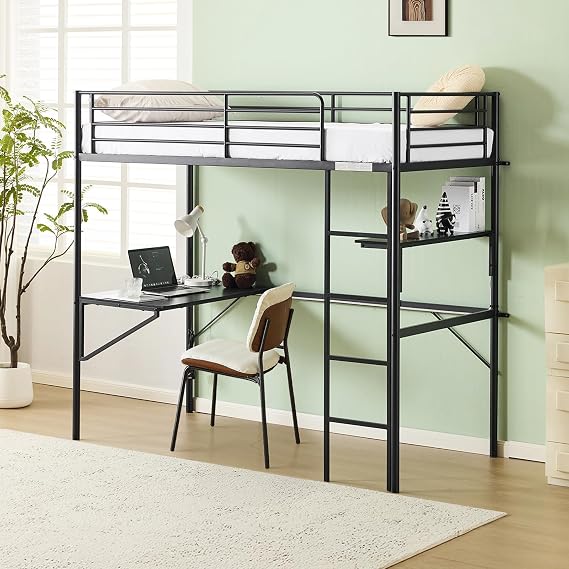 Bonnlo Loft Bunk Bed with Desk, Non-Slip Straight Ladder Single Loft Bed with Outlet and LED Light Strip, Multifunctional Metal Bed Frame Raised for Kids, Teens and Adults, Black