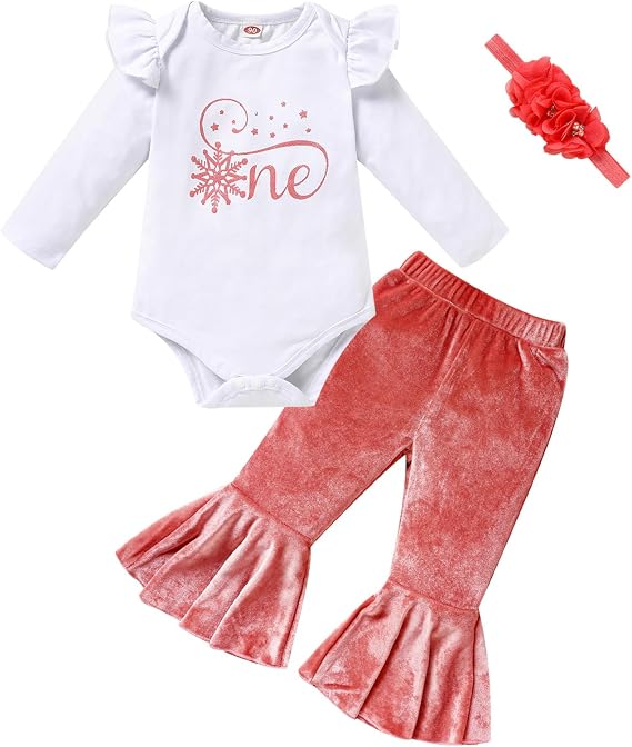 Baby Girl Birthday Clothes Snowflake First One Romper+Velvet Flared Pants-Hairband 3Pcs Cake Smash Outfits