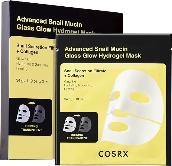COSRX Advanced Snail Mucin Glass Glow Hydrogel Face Masks Skincare, Collagen Mask, Overnight Peel Off Korean Face Mask for Hydration Boost, Glass Skin Face Mask Korean Skincare, Pack of 3
