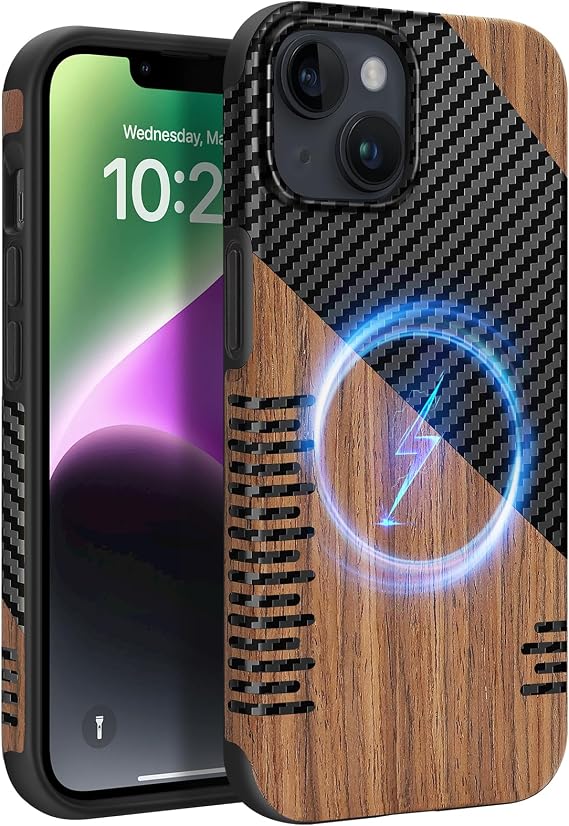 磁気ケース iPhone 13 Mini対応 MagSafe対応 ウッドとレザーカーボンファイバーデザイン ハイブリッド 耐衝撃携帯電話ケース 5.4インチ TwillWood