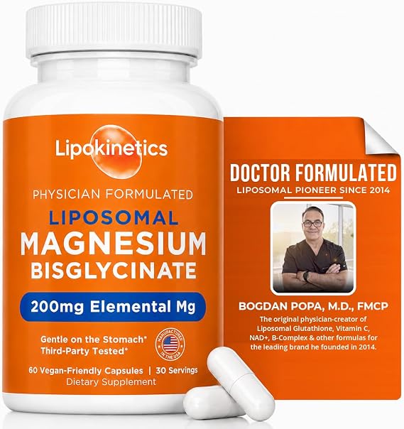 Liposomal Magnesium Bisglycinate, 200mg Elemental Mg, High Absorption Magnesium Glycinate, Third Party Tested, Sleep, Muscle and Stress Support, 60