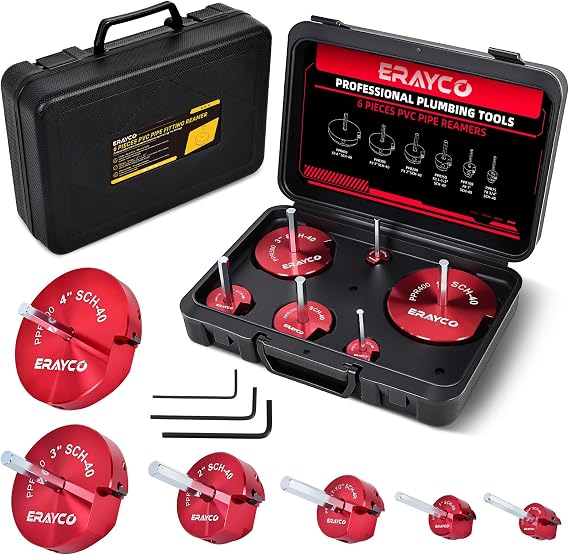 ERAYCO 6-Piece PVC Pipe Reamer Kit-Professional Aluminum Socket Saver Kit (3/4", 1", 1-1/2", 2", 3"4) with Rotatable Carbide Inserts-Hex Shaft Fitting Saver for Schedule 40, CPVC & ABS Plumbing