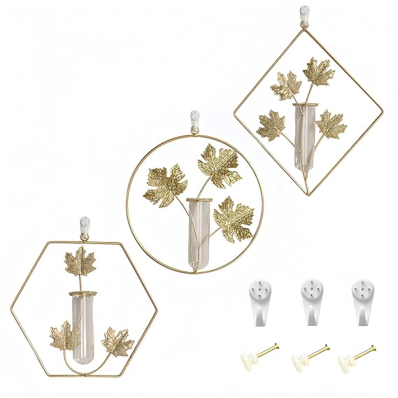Decorative Wall Tube Vases, Golden Ironwork Wall Mounted Vase, Plant Hydroponic Test Tube Vase for Flowers, Plant Propagation Vases for Home Living Rooms and Offices (Maple Leaf 3P)
