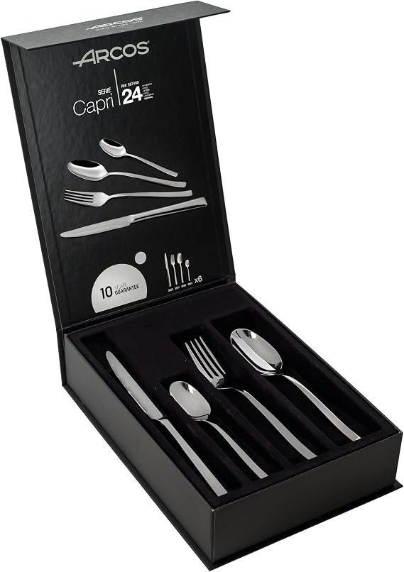 Arcos Serie Capri - Geschenkbox Besteck-Set 24 Stück (6 Messer + 12 Löffel + 6 Gabel) - Monoblock aus einem Stück Edelstahl Farbe Silber