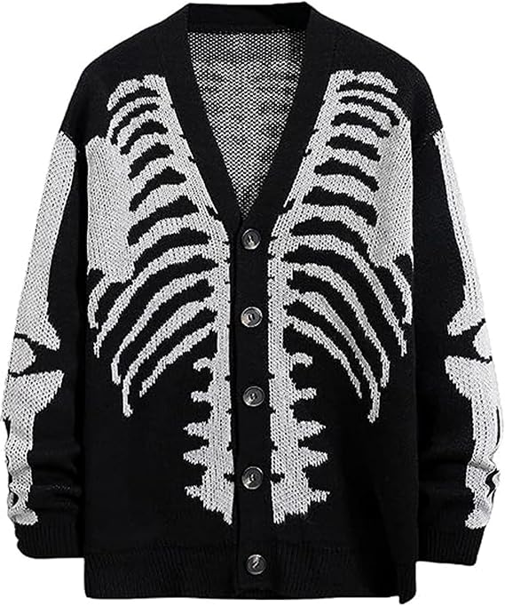 Arssm Men Skeleton Cardigan Sweater Oversized Fall Graphic Long Sleeve Knit Y2K Button Down V Neck Sweater Outwear