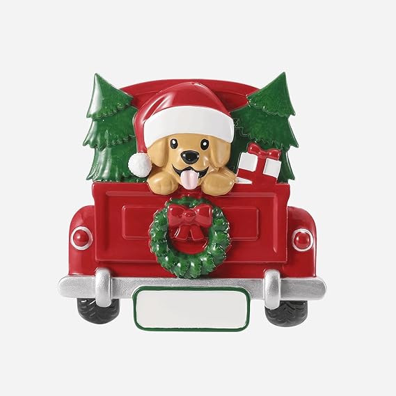 Tan Dog in Red Truck Personalized Christmas Ornament with Trees Personalized Christmas Ornament with Trees, Wreath and Gifts 4" Tall, Resin