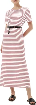 Casly Lamiit Women's Short Sleeve Double Split Maxi Dress 2025 Summer Casual Plain Striped Loose Long T Shirt Dresses