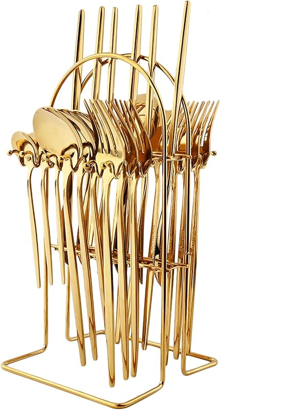 24 Piece Classic Flatware Set With A Cutlery Stand, 18/0 Stainless Steel Mirror Finished Knife Fork Spoon Teaspoon Silverware Set With Gift Box, Service for 6, Gold