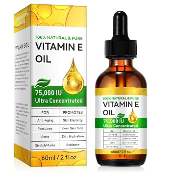 Vitamin E Oil, Pure Vitamin E Oil for Skin, Face, Hair & Scars, Vita-min e Oils 75,000 IU, Antioxidant for Dryness, Wrinkles & Stretch Marks, Moisturizing & Firming Skin, Natural Vitamin e oil, 60ML