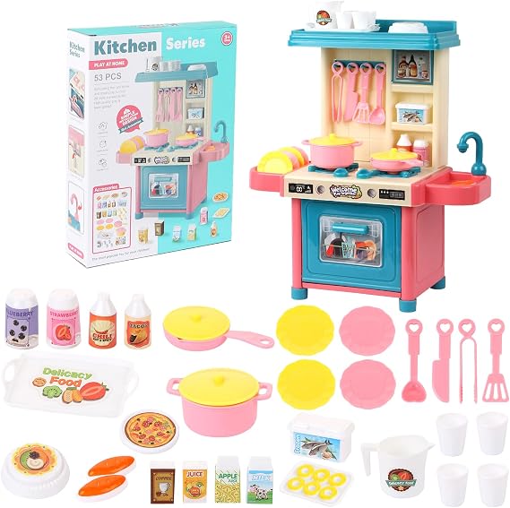 Pretend Play Kitchen Accessories Set, 53PCS Realistic Toy Kitchen Playset with Storage Shelf, Sink, Faucet，Stove, Oven & Food - Educational Cooking Gift