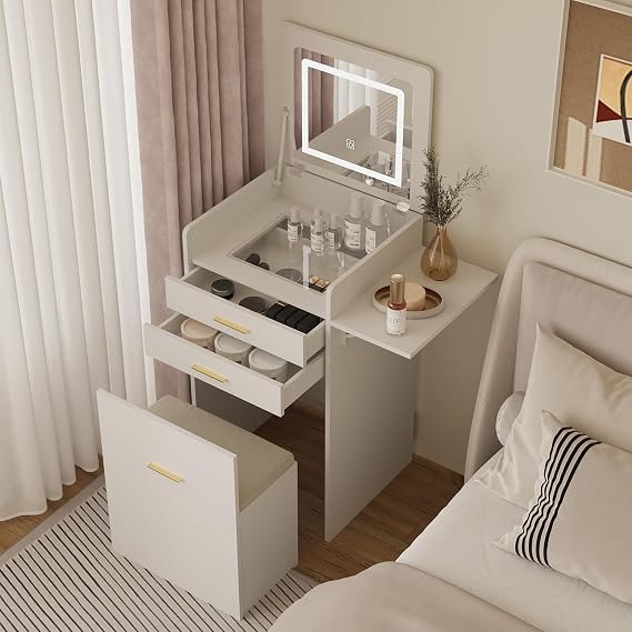 YOURLITE Small Dressing Table with LED Mirror, Compact Vanity Desk Set