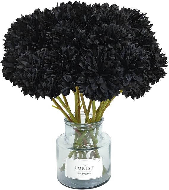 Tinsow 12PCS Halloween Artificial Flowers Black Faux Ball Chrysanthemum