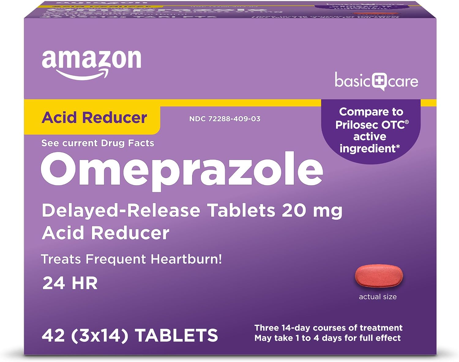 Amazon Basic Care Omeprazole Delayed Release Tablets 20 mg, Treats Frequent Heartburn, Acid Reducer, Heartburn Medicine, 42 Count (Pack of 1) (Packaging may vary)