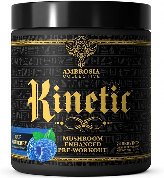 Ambrosia Organic Mushroom Pre Workout Powder | Lion's Mane, Cordyceps & Reishi | Clean Pre Workout | Mushroom Energy & Focus | 24 Servings | Blue Raspberry