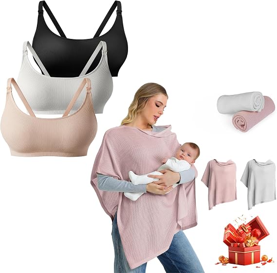 3pk Nursing Bras for Breastfeeding and 2pk Nursing Cover for Breastfeeding