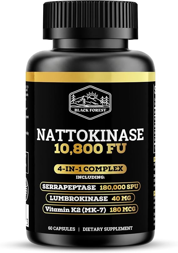 Black Forest Nattokinase 10,800 FU with Vitamin K2 MK-7 Soy-Free Triple Enzyme (Lumbrokinase & Serrapeptase) Enteric Coated Vegan Capsules for