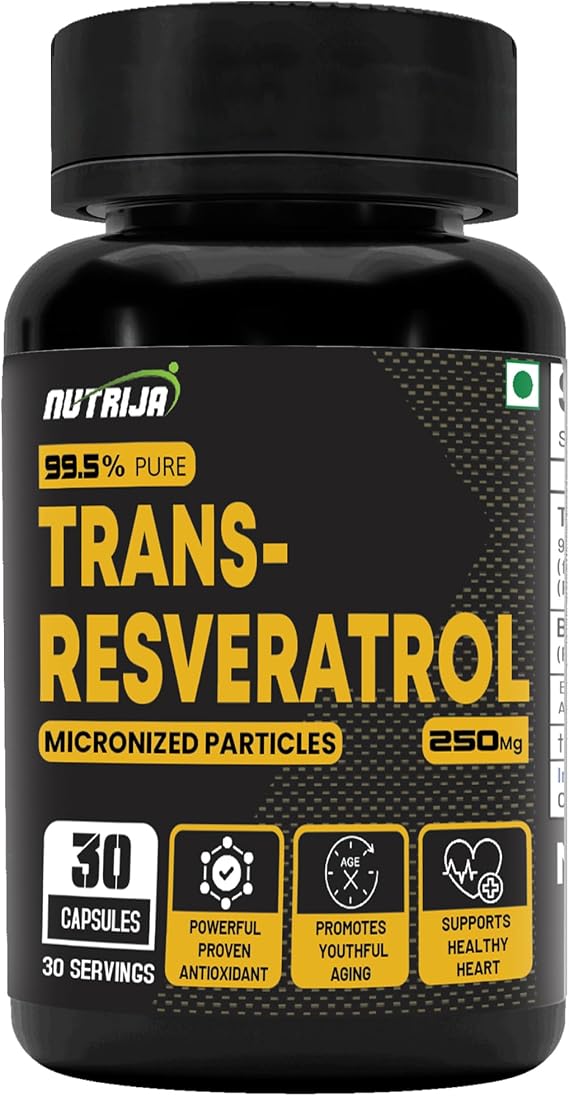 NutriJa Trans Resveratrol 250MG Capsules - 99.5% Pure Micronized and Highly Bioavailable Supplement | Slow Down Aging, Proven Powerful Anti-Oxidant | Improves Metabolism & Heart Health (30 Capsules)