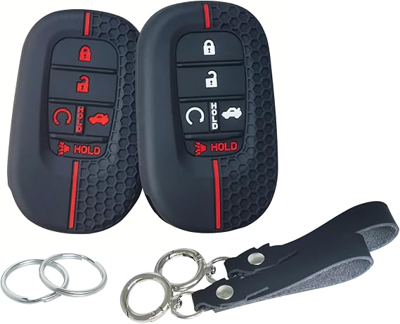 2Pcs 5 Buttons Silicone Smart Key Fob Cover for 2022 2023 2024 2025 Honda Accord Civic Pilot HR-V CR-V Sport SI EX EX-L Touring (Black with White/Red)
