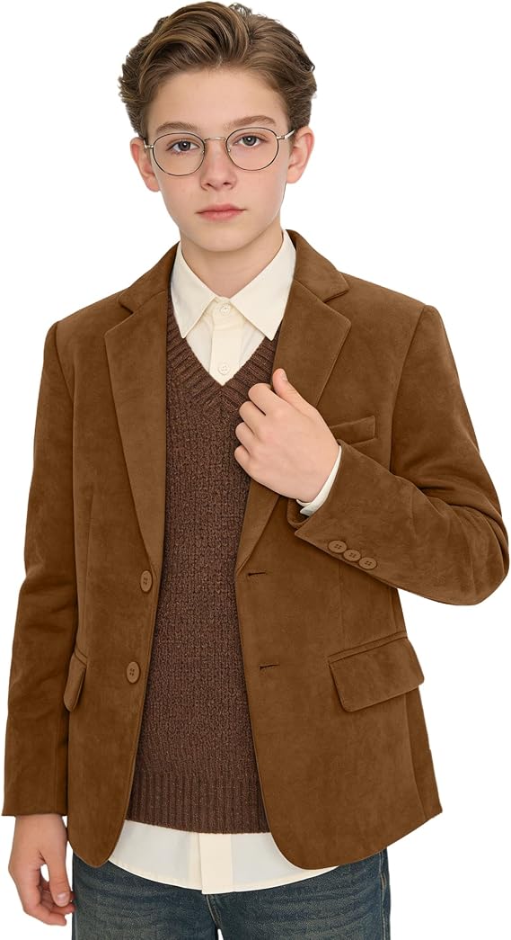 Retro Boys Suede Blazer Western Jacket Slim Fit Casual Sport Coat