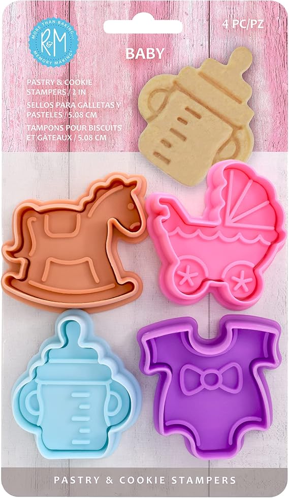 R&M Baby Themed Pastry & Cookie Cutter Set of 4. Rocking Horse, Stroller, Bottle Sippy Cup, Onesie. 2 Inches Assorted Color Plastic Cookie Cutters
