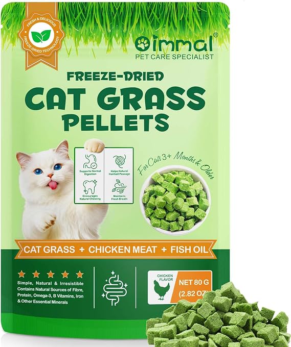 Cat Grass Treats, Cat Grass for Indoor Food, 80g Freeze Dried Treats for Dental and Teeth Cleaning, Crunchy Hairball Remedy Remove Snacks, Healthy Digestive Natural Chicken