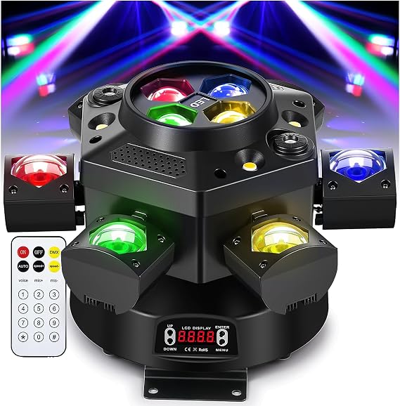 2026 Upgrade Spolehli 150W RGBW Moving Head DJ Light, 6 Arms Beam & Bee-Eye LED Stage Light with Mixed Effects, Sound Activated DMX 512 Control for Disco Club Wedding Party