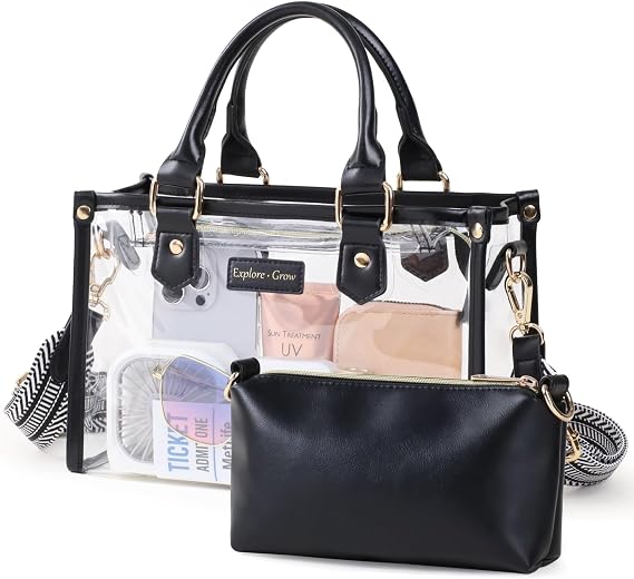 PACKISM Small Clear Purse Tote Bag for Women - Stadium Approved | Privacy Inner Bag, Wide Adjustable Comfort Strap, Leather Handles, 0.5mm Thick PVC, Clear Tote for Concerts Sports Daily