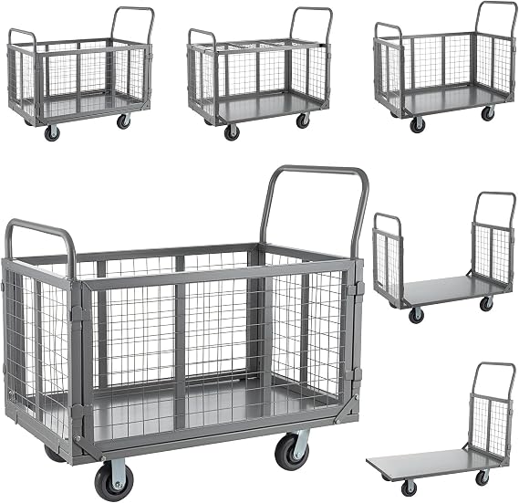 SmarketBuy Platform Truck Cart with Cage, 5 in 1 Heavy Duty Platform Carts with Cage 2000 LBS Capacity Foldable Push Cart Dolly with 5" Casters for Groceries/Garage/Warehouse