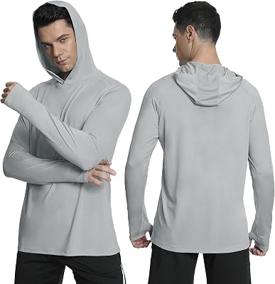 MEETYOO Mens Standard UPF 50 Sun Protection Swim, Long Sleeve Hoodie Cool Dry Workout UV Shirt, Grey