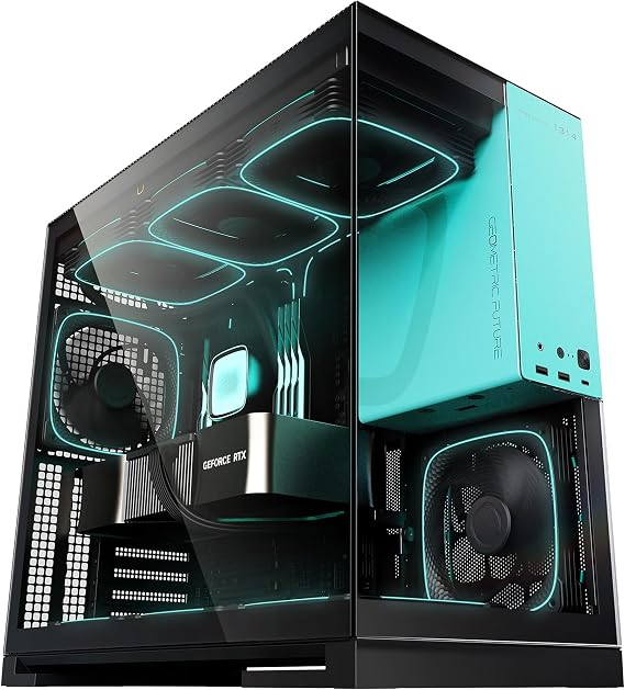 Geometric Future M5 Tempered Glass Mid Tower, E-ATX/ATX Gaming Case, 1.2mm Steel, Type C, Toolless Panels, Support 420/360 Radiator, ARGB PWM 140m Fan x 5 Pre-Installed, Black/Blue, GEO-M5F-BTB