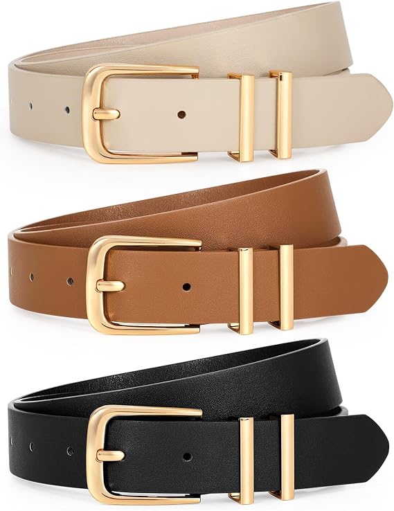 LEACOOLKEY 3 Pack Women's Leather Belts for Jeans Dress Pants Fashion Ladies Leather Belts with Gold Buckle