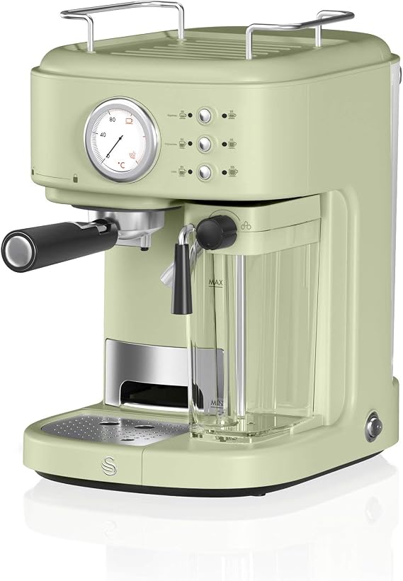 Swan Retro One Touch Espresso Machine, Green, 20 Bars of Pressure, Milk Frothing Steamer, 1.7L Tank, Retro style, SK22150GN, Espresso Maker