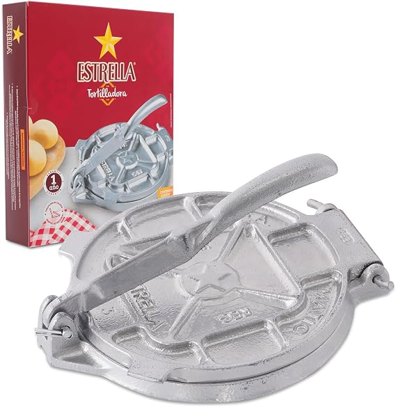 Estrella 7.5 Inch Cast Iron Tortilla Press Heavy Duty Tortilla Maker for Corn & Flour Tortillas, Tostonera and Prensa Para Tortillas for Empanadas, Arepas, Sopes