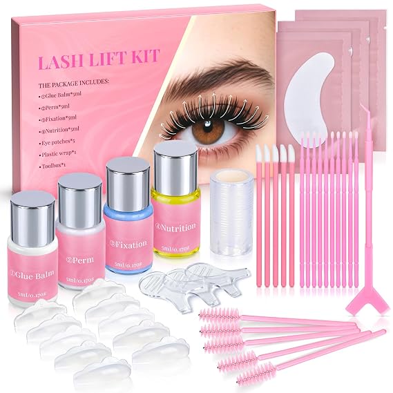Lash Lift Kit, Eyelash Perm Kit with Glue Balm, Perm, Fixation, Nutrition, Silicone Pads for Lash Curling, Professional Lash Perm Set for Natural Long-Lasting Curl, Home Eyelash Lifting Kit for Women