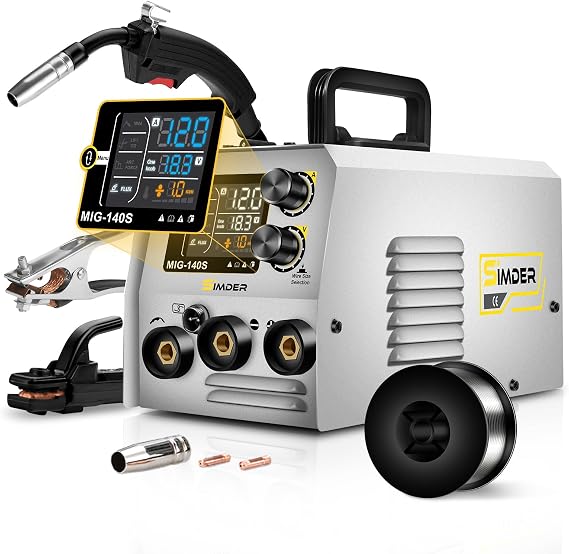SSIMDER MIG Welder 140A 3 in 1 Stick/Lift TIG/Flux Core Welder 110V 220V Dual Voltage MIG Welding Machine with Synergy Portable Wire Feed Welder IGBT Inverter for Home DIY Outdoor