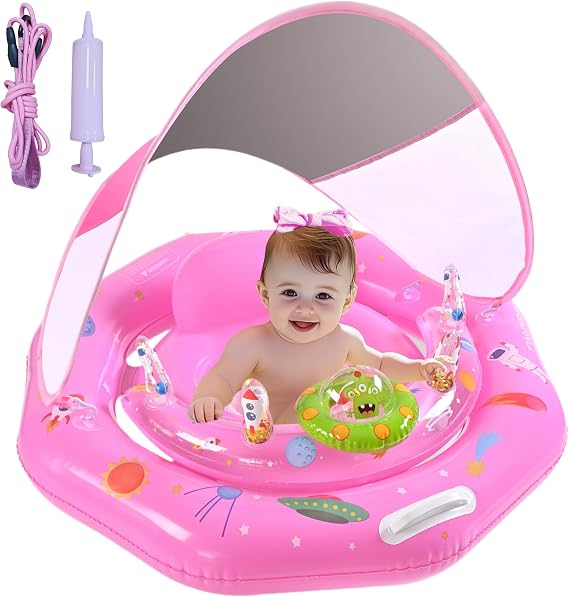 Baby Pool Float with Canopy UPF50+ Sun Protection, Inflatable Infant Pool Float with Adjustable Safety Seat & Toy Play Console,Baby Floatie for 6-36 Months Boys & Girls,Safety Handles & Leashes(Pink)