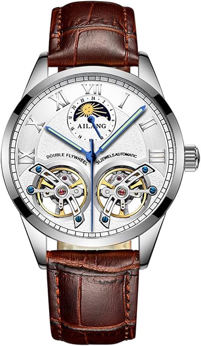 AILANG Men's Skeleton Watches Automatic Mechanical Watch with Dual Balance Wheels (Silver White)