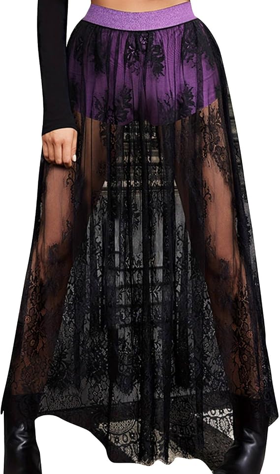 Women's Y2k Goth Floral Print Lace 2 in 1 Sheer Mesh Skirt Maxi Skirt See Through High Waist Flowy Halloween Costume