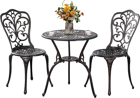 3 Piece Patio Set All Weather Outdoor Bistro Set with Umbrella Hole,Cast Aluminum Bistro Table and Chairs Set of 2 for Garden,Balcony,Patio Set(Bronze)