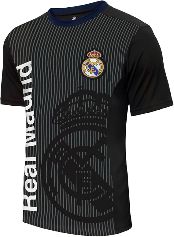 Icon Sports Compatible with Real Madrid Woven Patch Poly Soccer T-Shirt - Home Black Color Men Size
