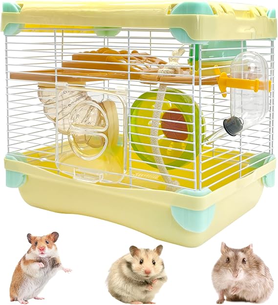 Hamiledyi Portable Hamster Cage 2 Layers Dwarf Hamster Habitat Small Animal Travel Cage with Exercise Wheel Hamster Enclosure Mouse Cage for Hamsters Mice Gerbils or Other Tiny Pets