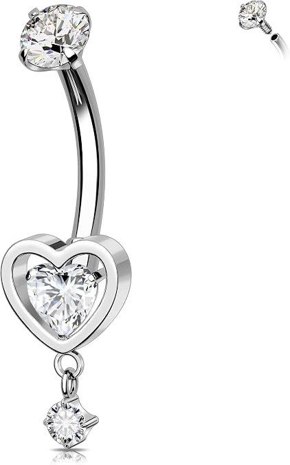 Melighting Heart Titanium Belly Button Ring Internally Threaded 14G Dangle Belly Ring Belly Piercing Jewelry Titanium G23 Naval Ring Clear Cz Body Piercing Jewelry