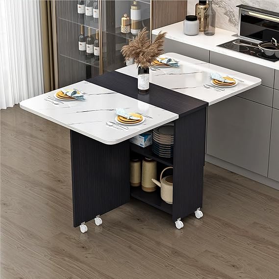 Folding Table, Home Folding Dining Table, Movable Dining Table, Rectangular Ultra-Thin Multifunctional Table with Wheels, Double-Layer Storage, Easy to Store Black + White Marble 55in