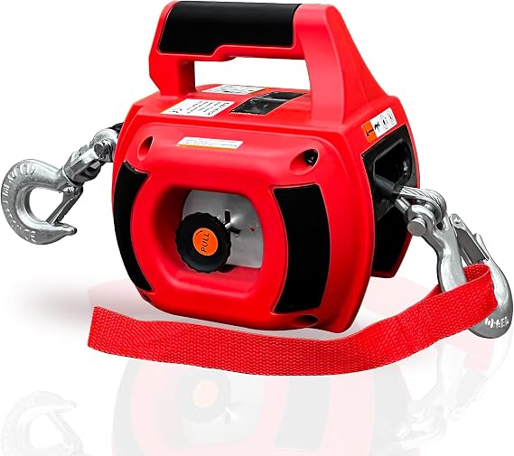 1000LB Portable Drill Powered Winch w/40FT Alloy Steel Cable(Red) | Powered by 5/16 Standard Drill, 2-Speed Clutch, Low Noise Design, Hand Winch w/Visible Window & Anchor Hook for Lift Trailer
