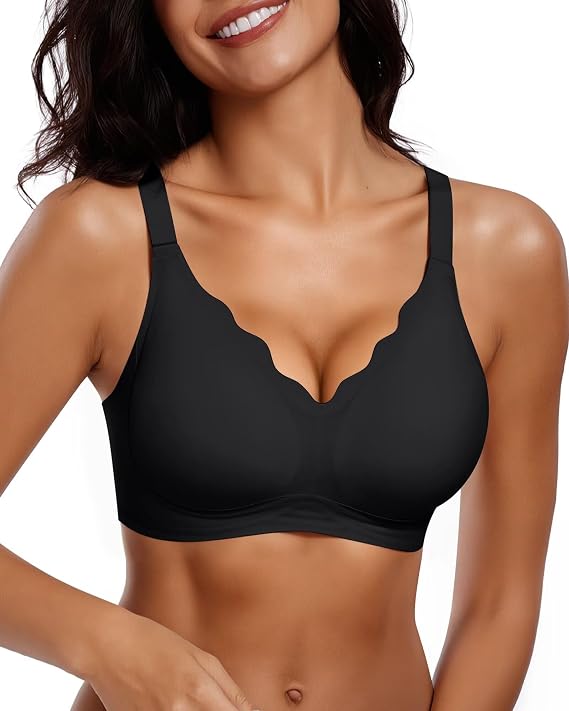 Vertvie Seamless Jelly Bra No Underwire Supportive Bralette | Wireless, Full Coverage, Push Up, Scalloped V-Neck, Buttery Soft & Invisible under T-shirts for Everyday Oder Women's Comfort