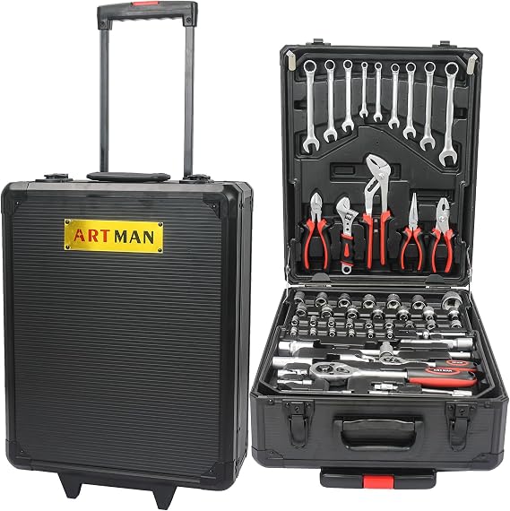 Tool Kit with Rolling Tool Box Socket Wrench Hand Tool Set Portable, Aluminum Trolley Case Tool Set (Black, Hand Tool Box)