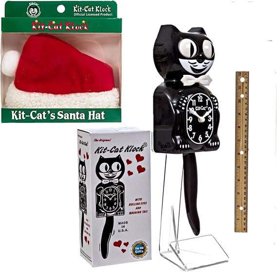 Kit Cat Klock Original Holiday Bundle Gift Set (Clock, Santa Hat) - Classic Black Kit-Cat Clock & New Festive Santa Hat Accessory - Perfect Additions to Your Home for the Holiday Season