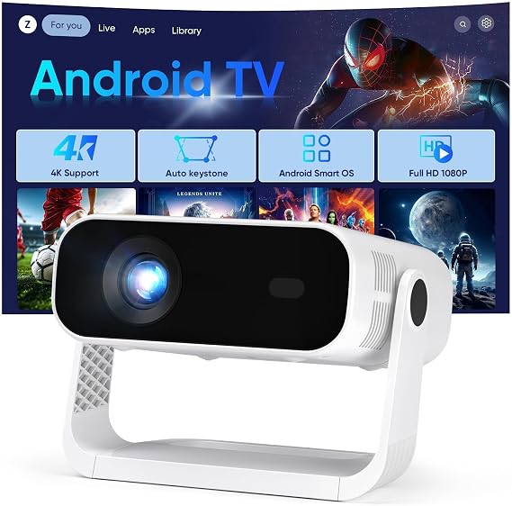 Smart Projector Built-in Apps, Android 14, Native 1080P 4K Supported WiFi 6 Bluetooth 5.2, 300 ANSI Lumens, Low Fan Noise (<30dB), Home Cinema Projector for iOS/Switch /PS5