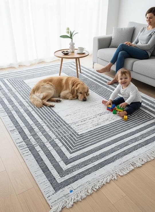 Kilim Çift Taraflı Bohem Seri Dokuma Kilim Gri-Beyaz