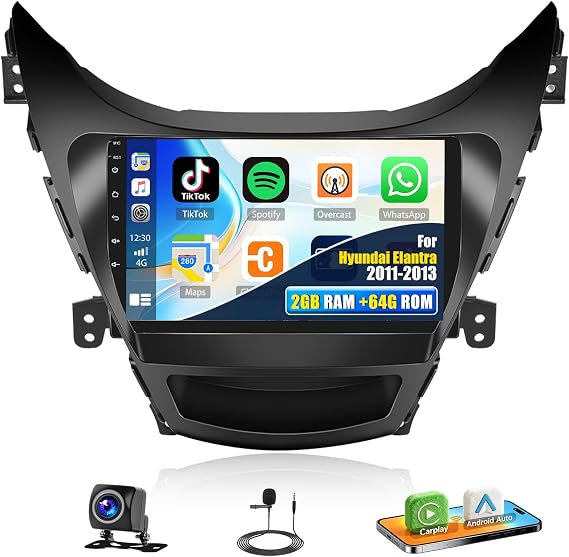 2+64G Android Car Stereo for Hyundai Elantra 2011 2012 2013 Wireless Carplay Android Auto 9 inch Touch Screen Bluetooth GPS WiFi HiFi FM RDS Mirror Link Change Wallpaper Theme + AHD Camera & MIC